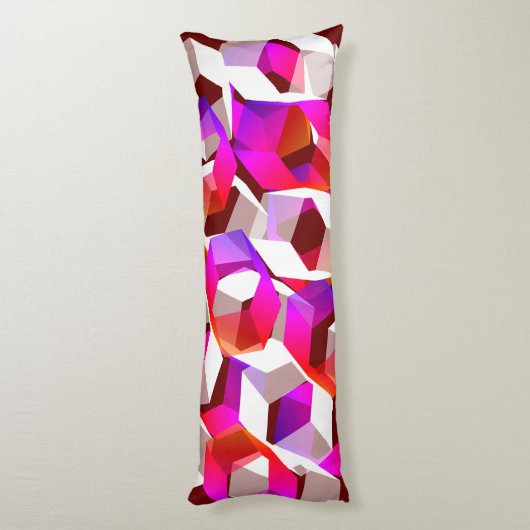 濃い赤の背景に白、赤からピンクの六角形 ボディピロー (裏面 (縦))