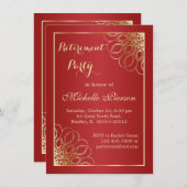 濃い赤の背景に金の渦巻き模様の退職パーティー写真 招待状 (正面/裏面)