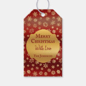 濃い赤の背景のクリスマスに金ゴールドの雪 ギフトタグ (正面)