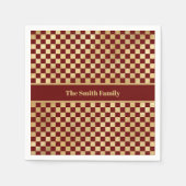 濃い赤の金ゴールド市松模様に紙ナプキン スタンダードカクテルナプキン (正面)