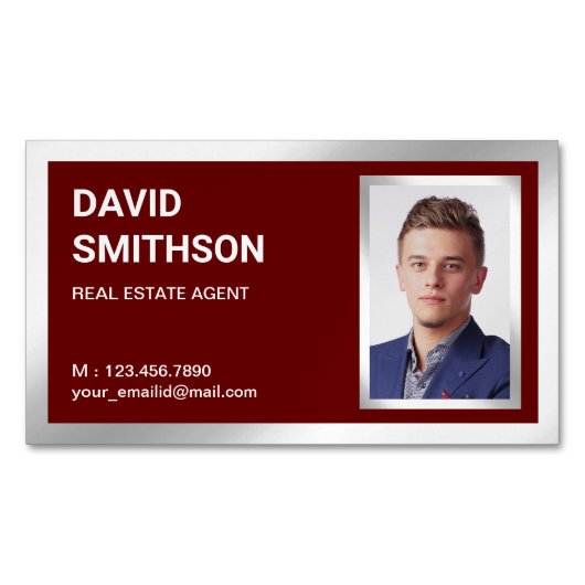 濃い赤の銀箔エステート実在不動産仲介業者写真 マグネット名刺 (正面)