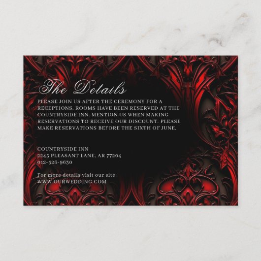 濃い赤エレガントと黒のゴシック様式のダマスクの結婚式 エンクロージャーカード (正面)