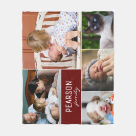 濃い赤カスタムアクセント付きファミリーフォトタペストリー フリースブランケット