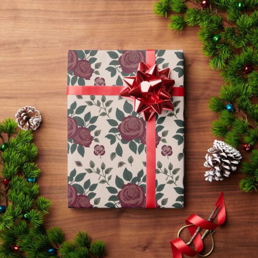 濃い赤バラと緑の葉 ラッピングペーパー (クリスマスギフト)