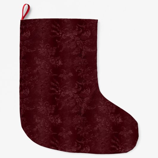 濃い赤ワインレッドの花模様のクリスマス ラージクリスマスストッキング (正面)