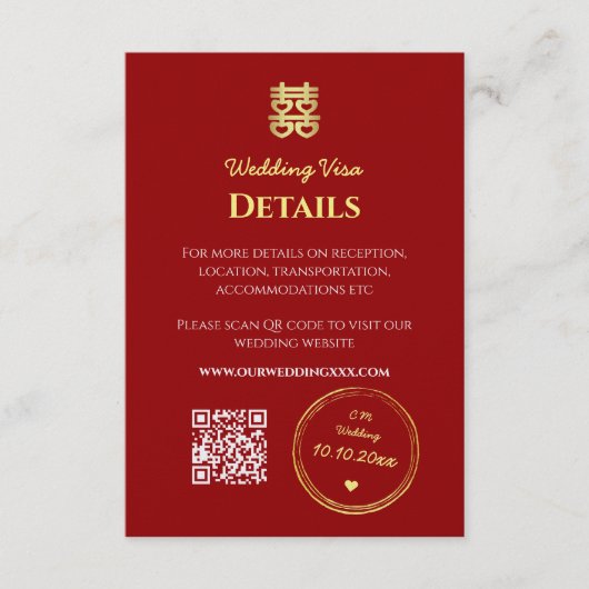 濃い赤中国のの入国結婚ビザ詳細 エンクロージャーカード (正面)