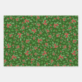 濃い赤素朴青の緑のクリスマスホリーパターン ラッピングペーパーシート (正面2)