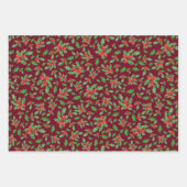 濃い赤素朴青の緑のクリスマスホリーパターン ラッピングペーパーシート (正面)