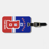 濃い赤、白、青のスポーツデザイン ラゲッジタグ (正面横)