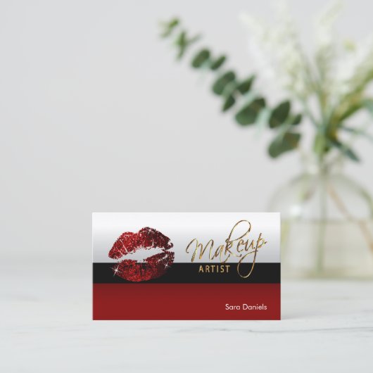 濃い赤、黒と白のシナモンの赤い唇 名刺 (スタンド正面)