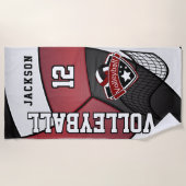 濃い赤、黒、白のバレーボール ビーチタオル (正面)