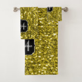 濃い金ゴールド黄フェイクグリッタースパークルスモノグラム バスタオルセット (インサイチュ)