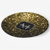 濃い金ゴールド黄フェイクグリッタースパークルスモノグラム ペーパープレート (アングル)