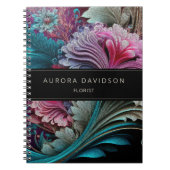 濃い開花ティール(緑がかった色)紫色の水色フローラ ノートブック (正面)