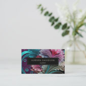 濃い開花ティール（緑がかった色）紫色の水色フローラ 名刺 (スタンド正面)