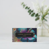 濃い開花水彩ティール(緑がかった色)紫フローラ 名刺 (スタンド正面)