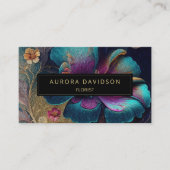 濃い開花水彩ティール(緑がかった色)紫フローラ 名刺 (正面)