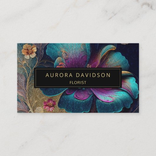 濃い開花水彩ティール(緑がかった色)紫フローラ 名刺 (正面)