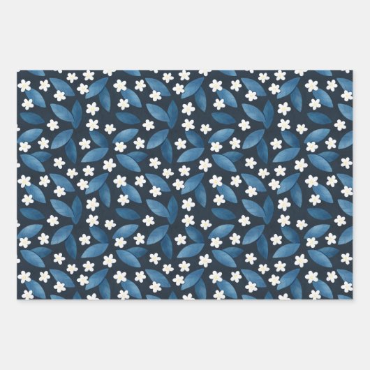 濃い離れ背景に青い花と白い花 ラッピングペーパーシート (正面)