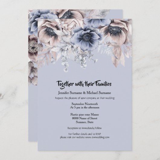 濃い青いピンクのウッドランド・アネモネの花 招待状 (正面/裏面)