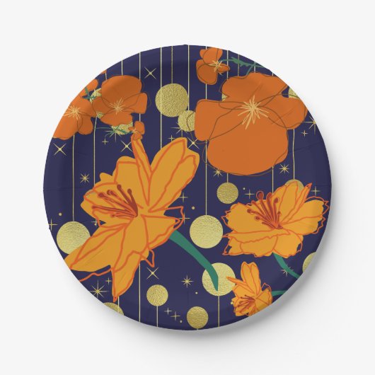 濃い青とオレンジ色の花 ペーパープレート (正面)