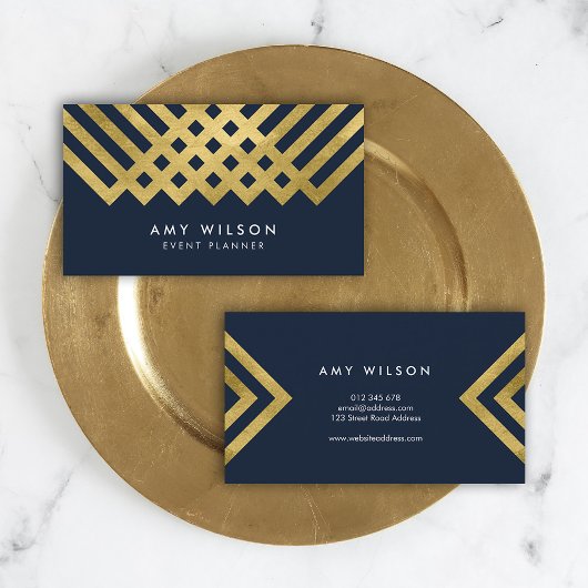 濃い青とモダン金ゴールド幾何フェイクデザイン 名刺