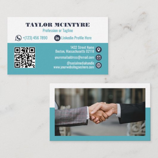 濃い青と淡い青のプロフェッショナルアイコンQRコード 名刺 (正面/裏面)