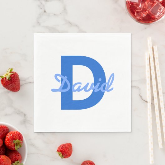 濃い青と淡い青の白の編集可能な名前モノグラム スタンダードランチョンナプキン (インサイチュ)