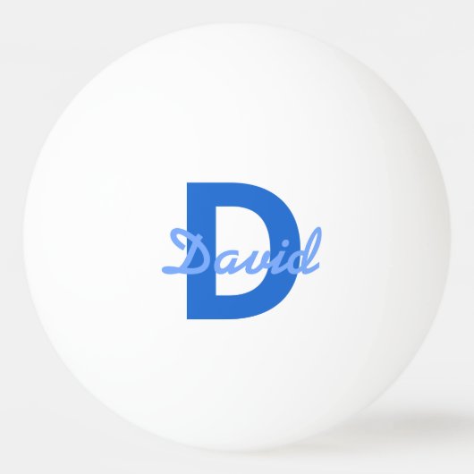 濃い青と淡い青の白の編集可能な名前モノグラム 卓球ボール (裏面)
