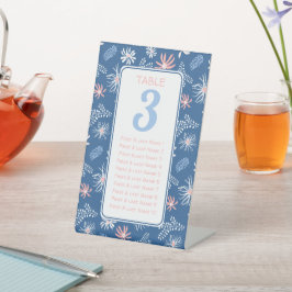 濃い青と白のフローラシーティングチャートテーブル# 台座サイン