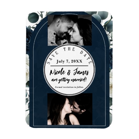 濃い青と白のフローラモダン緑の日救付付 マグネット (縦)