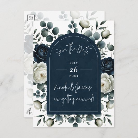 濃い青と白のフローラモダン緑の日救付付 案内ポストカード (正面/裏面)