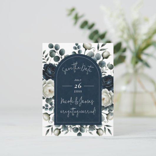 濃い青と白のフローラモダン緑の日救付付 案内ポストカード (スタンド正面)