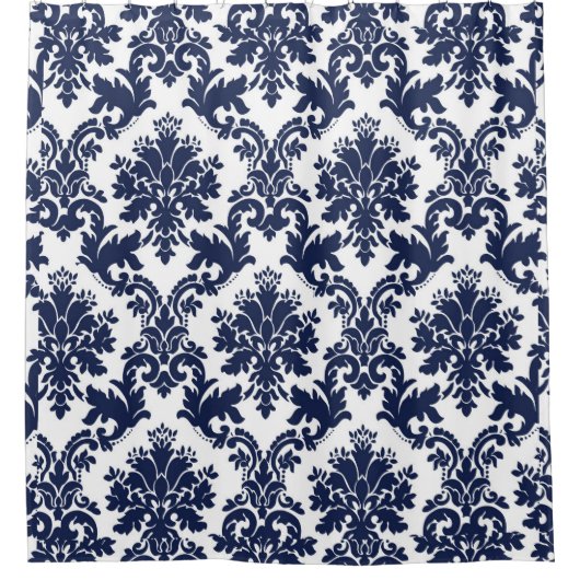 濃い青と白のヴィンテージのマスクのパターン シャワーカーテン (正面)