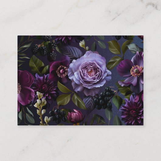 濃い青と紫の花のムーディーな結婚前お披露目会 エンクロージャーカード (裏面)