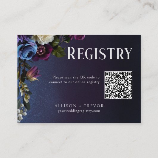 濃い青と紫の花のムーディーな結婚前お披露目会 エンクロージャーカード (正面)
