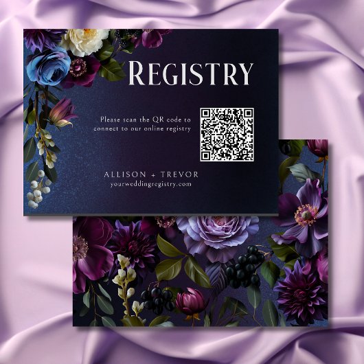 濃い青と紫の花のムーディーな結婚前お披露目会 エンクロージャーカード