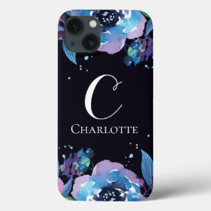 濃い青と紫の青の花のモノグラム iPhone 13ケース