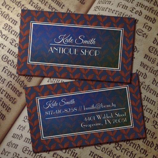 濃い青と赤いエレガント葉柄アンティーク 名刺