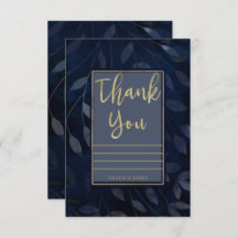 濃い青と金のボタニカルリーフ モダンなお礼メッセージ