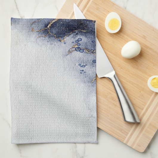 濃い青と金ゴールドの水色のインクマーク キッチンタオル (四つ折り)