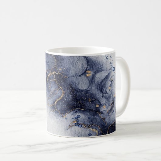 濃い青と金ゴールドの水色のインクマーク コーヒーマグカップ (正面右)