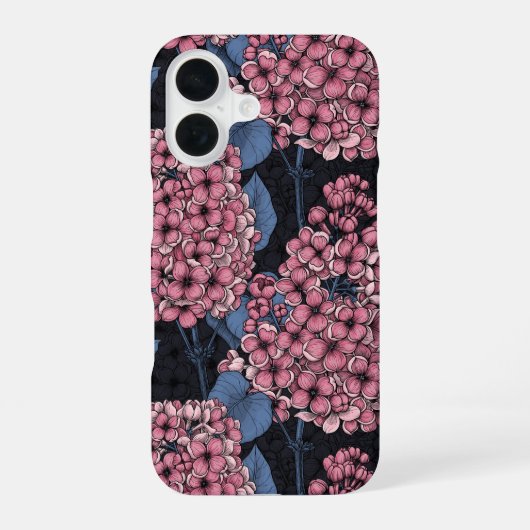 濃い青にピンクのライラック iPhone 16ケース (裏面)