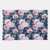濃い青に白いピンク色の花。 キッチンタオル (横)