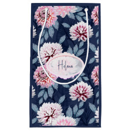 濃い青に白いピンク色の花。 スモールペーパーバッグ