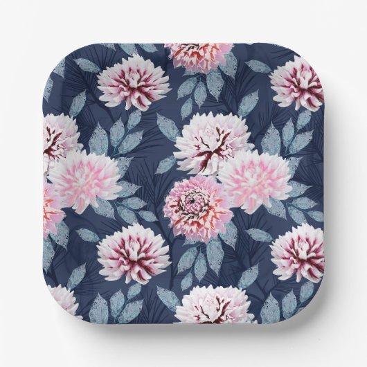 濃い青に白いピンク色の花。 ペーパープレート (正面)
