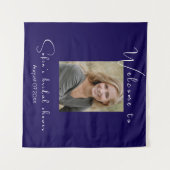 濃い青のひまわり水彩写真 ブライダルシャワー タペストリー (正面(横))