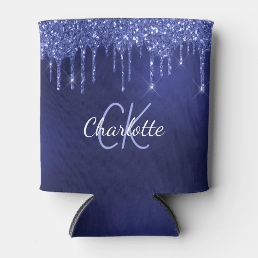 濃い青のグリッターが白い名前に滴る 缶クーラー (正面)