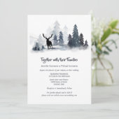 濃い青のグレーの水色の森のスタグシルエット 招待状 (スタンド正面)