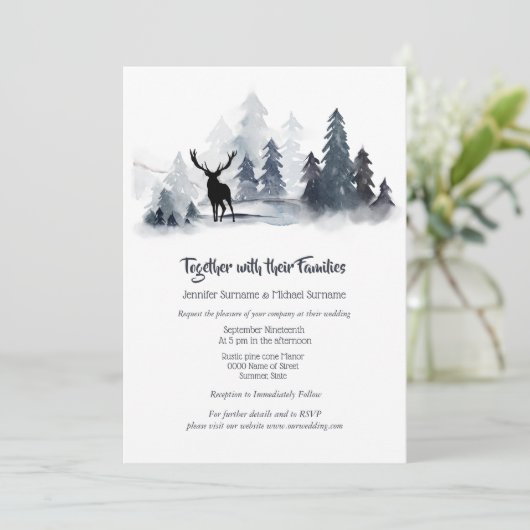 濃い青のグレーの水色の森のスタグシルエット 招待状 (スタンド正面)